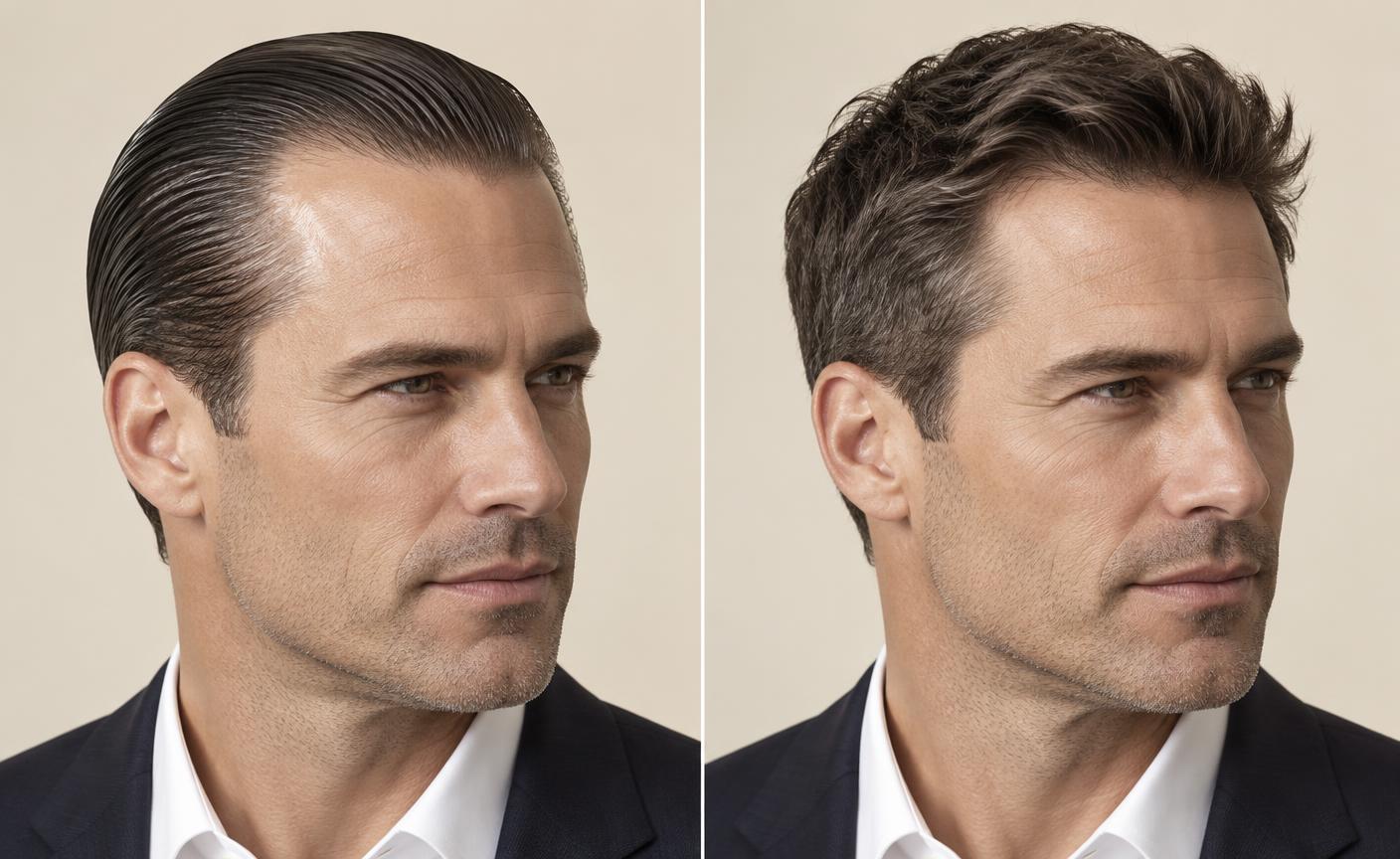 Illustrative side-by-side comparison of a shiny slicked-back hairstyle and a naturally textured matte hairstyle