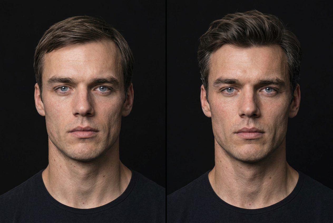 Illustrative comparison of the same mature man's flat hair on the left and neatly textured, fuller hair on the right